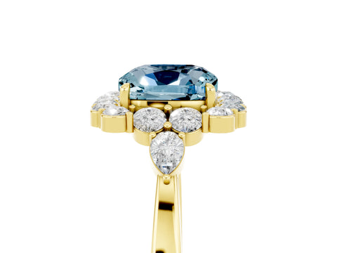 Yellow gold Cushion Cut Aquamarine Halo Ring with Pear Side Stones and Prong Setting_17