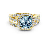 Yellow gold Cushion Cut Aquamarine Halo Ring with Round Split Shank and Prong Setting_48