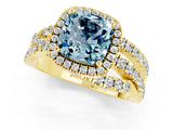 Yellow gold Cushion Cut Aquamarine Halo Ring with Round Split Shank and Prong Setting_49