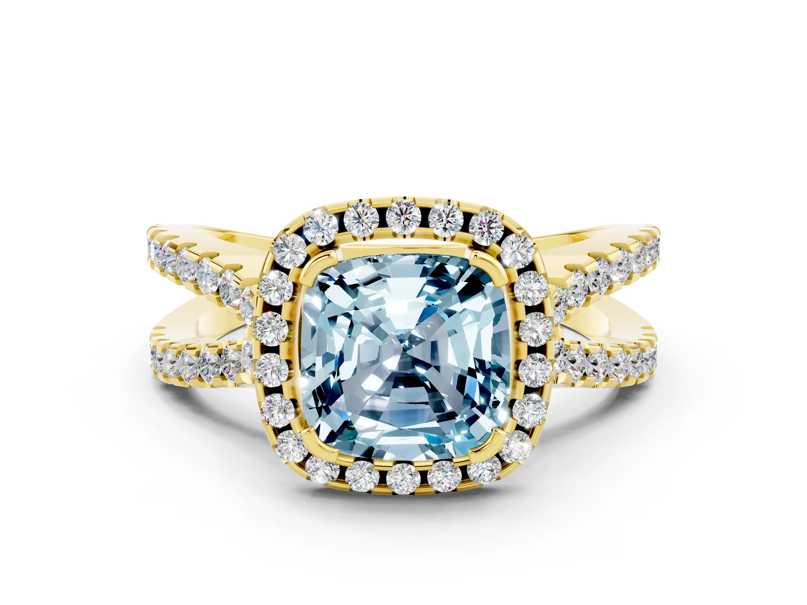 Yellow gold Cushion Cut Aquamarine Halo Ring with Split Shank Pavé Band and Prong Setting