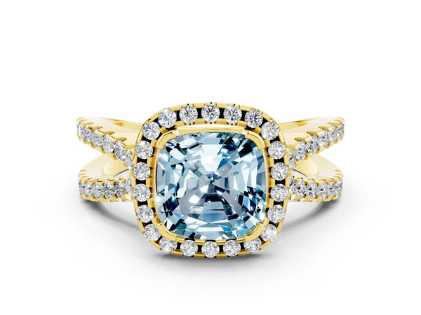 Yellow gold Cushion Cut Aquamarine Halo Ring with Split Shank Pavé Band and Prong Setting
