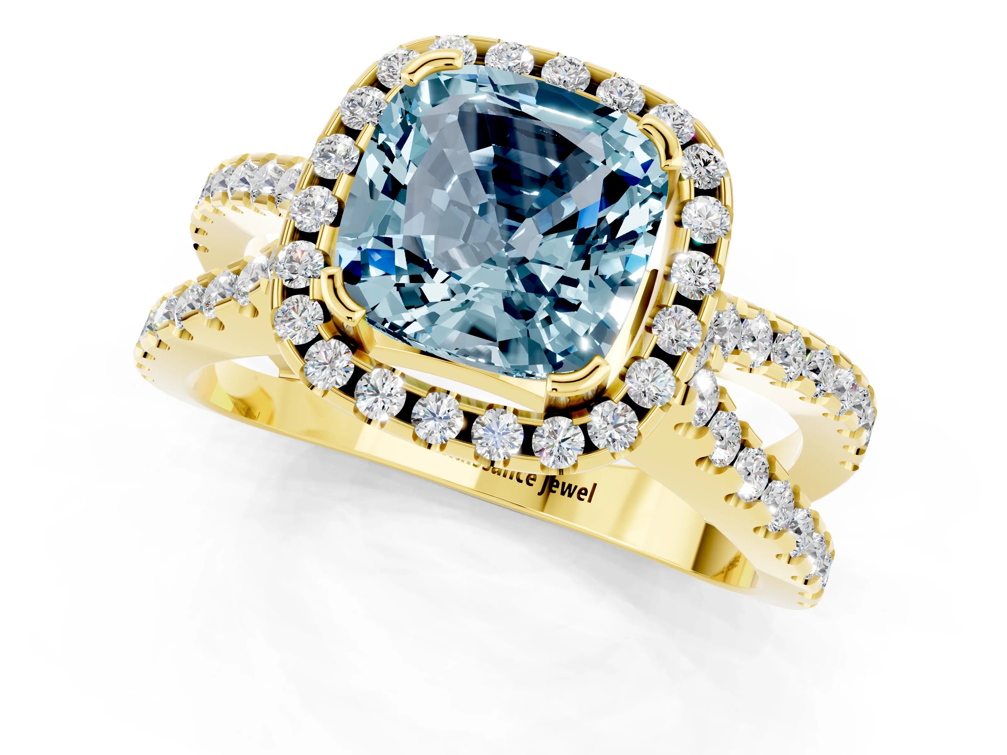 Yellow gold Cushion Cut Aquamarine Halo Ring with Split Shank Pavé Band and Prong Setting_1