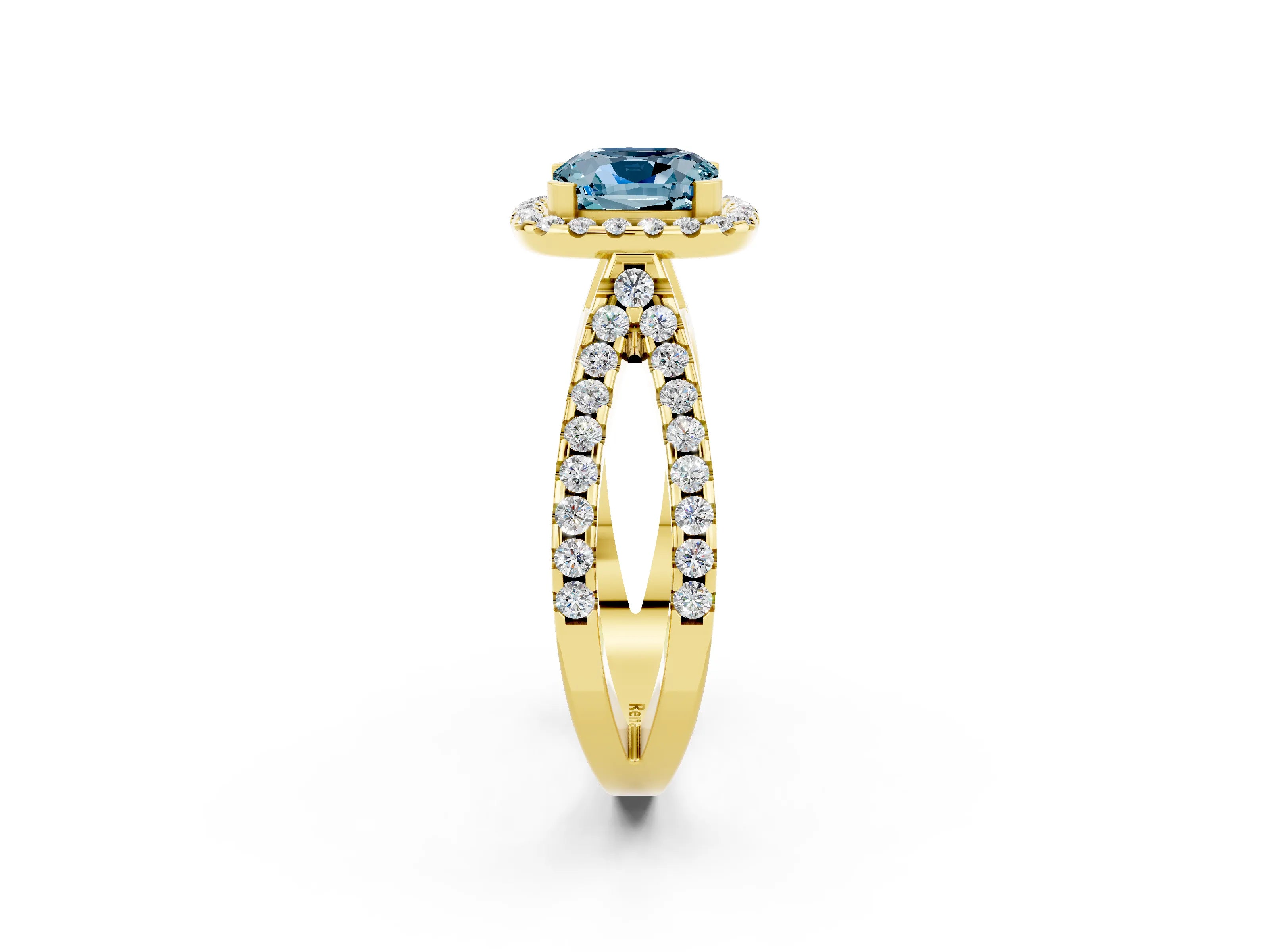 Yellow gold Cushion Cut Aquamarine Halo Ring with Split Shank Pavé Band and Prong Setting_2