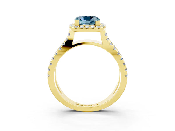Yellow gold Cushion Cut Aquamarine Halo Ring with Split Shank Pavé Band and Prong Setting