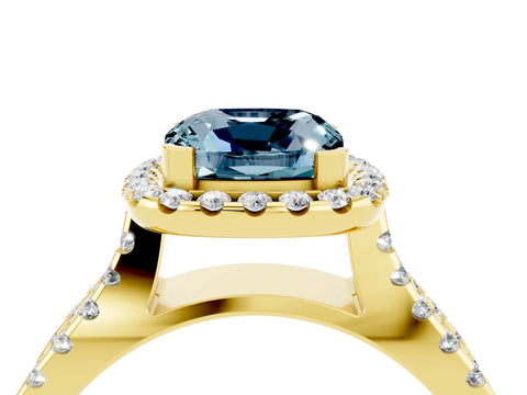 Yellow gold Cushion Cut Aquamarine Halo Ring with Split Shank Pavé Band and Prong Setting_4