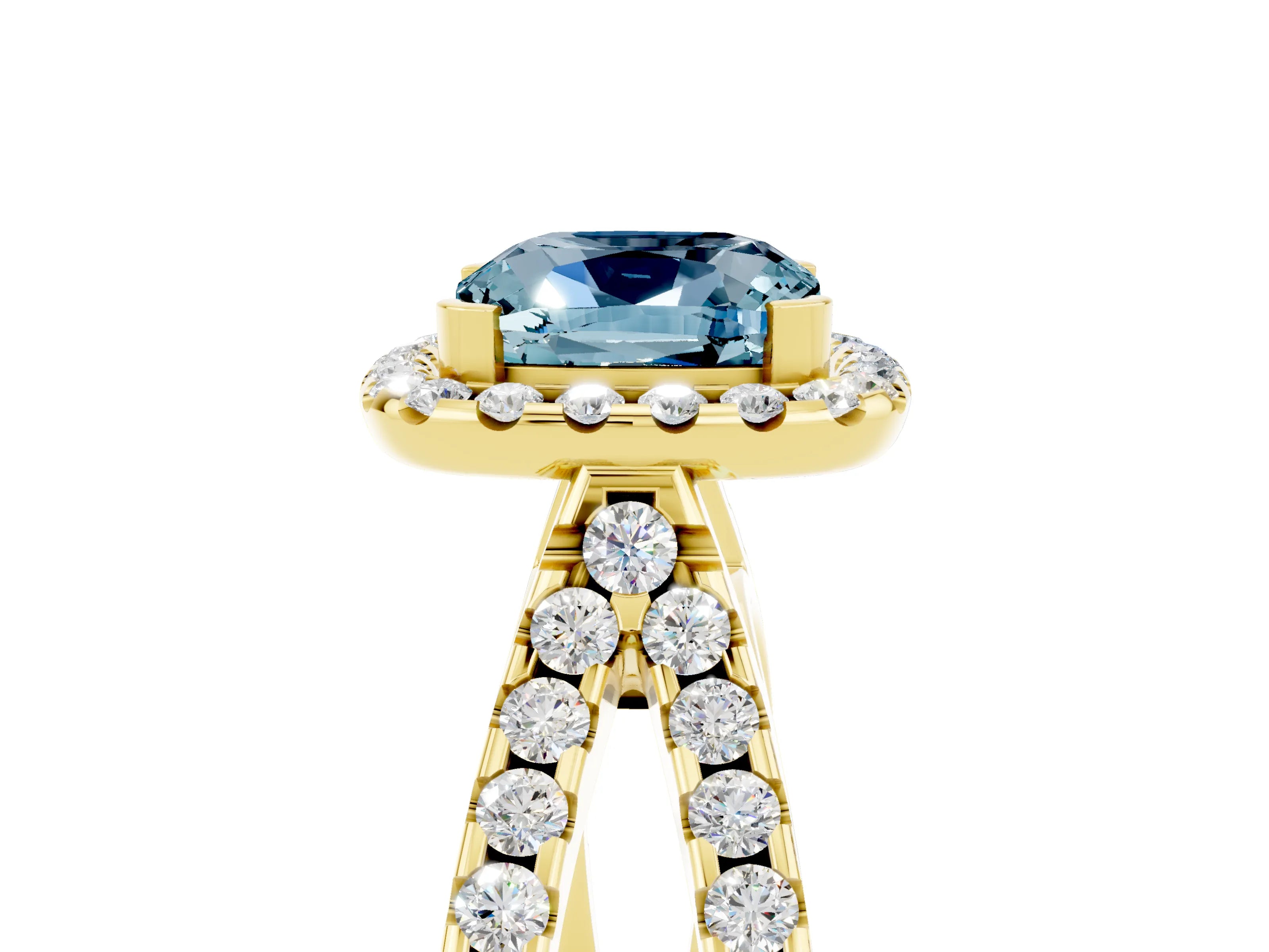 Yellow gold Cushion Cut Aquamarine Halo Ring with Split Shank Pavé Band and Prong Setting_5