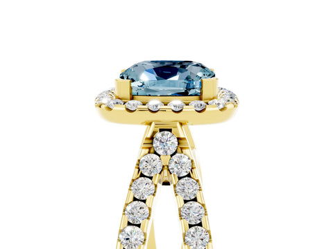 Yellow gold Cushion Cut Aquamarine Halo Ring with Split Shank Pavé Band and Prong Setting_5