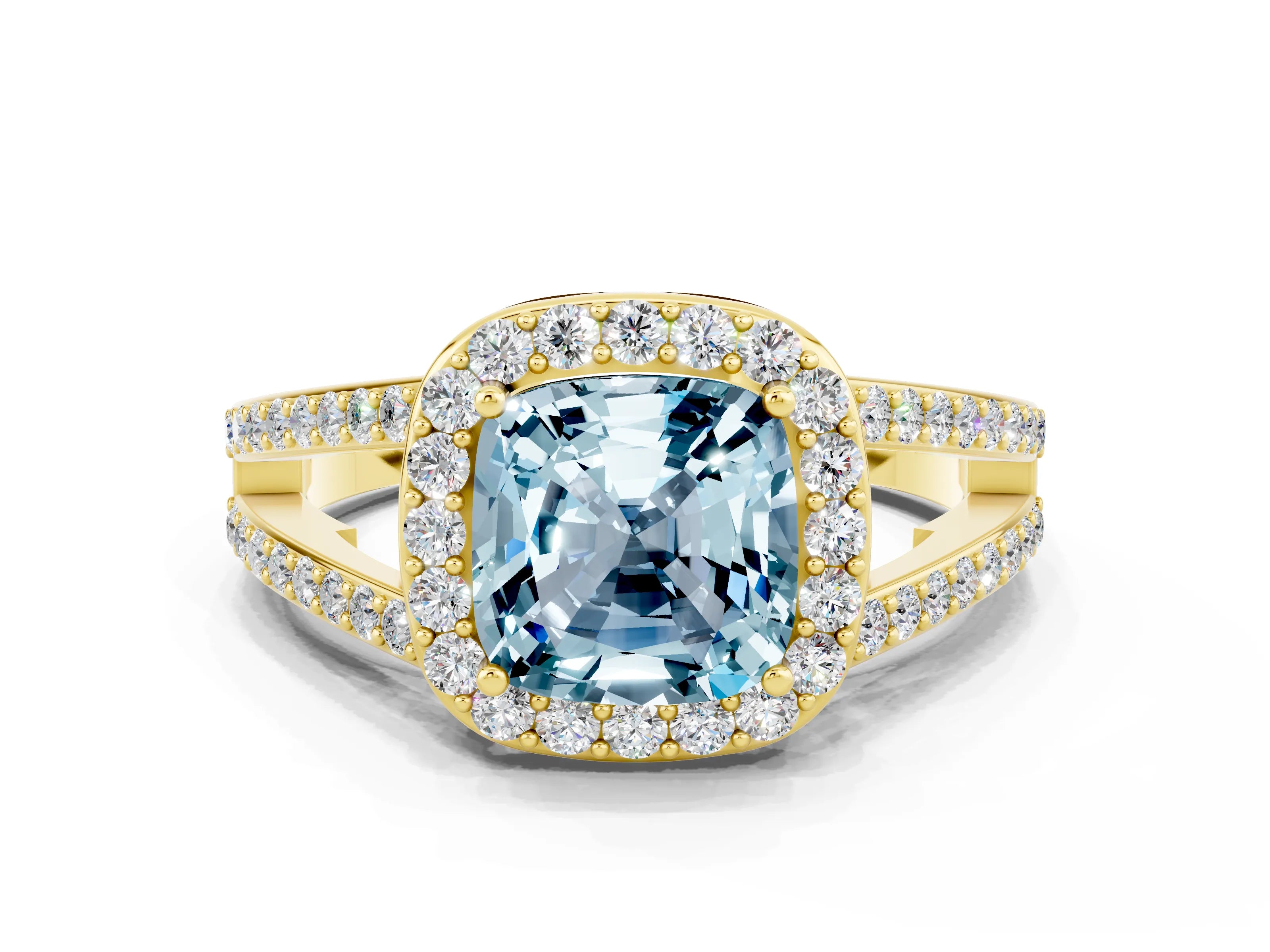 Yellow gold Cushion Cut Aquamarine Halo Ring with Split Shank U-Prong Band and Four-Prong Setting