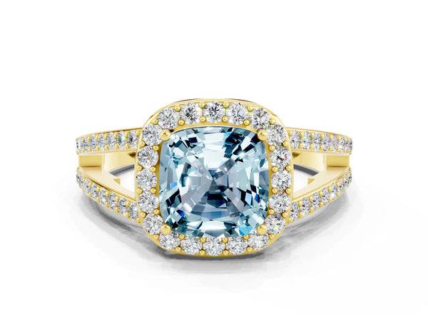 Yellow gold Cushion Cut Aquamarine Halo Ring with Split Shank U-Prong Band and Four-Prong Setting