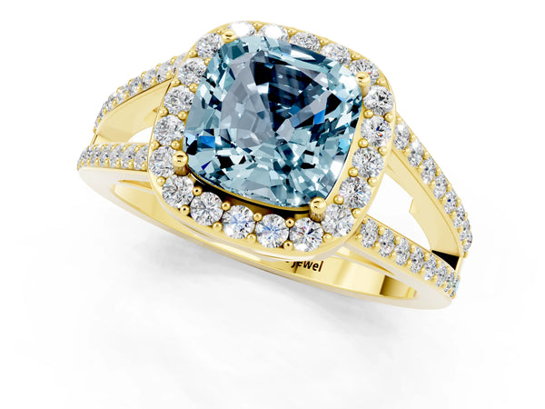 Yellow gold Cushion Cut Aquamarine Halo Ring with Split Shank U-Prong Band and Four-Prong Setting