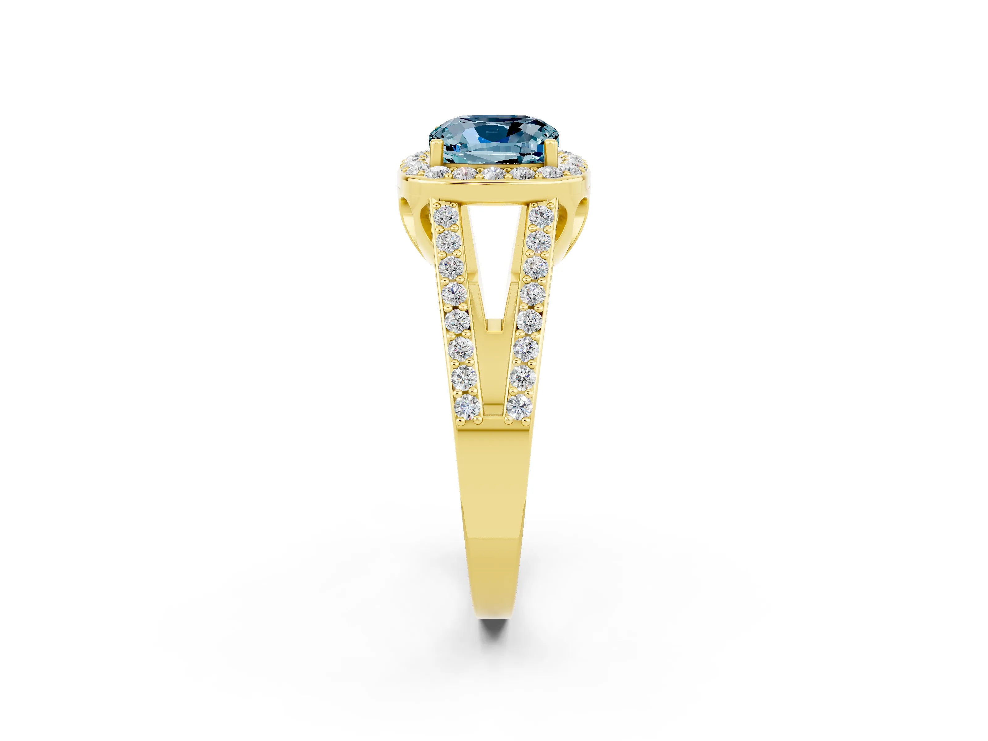 Yellow gold Cushion Cut Aquamarine Halo Ring with Split Shank U-Prong Band and Four-Prong Setting_2