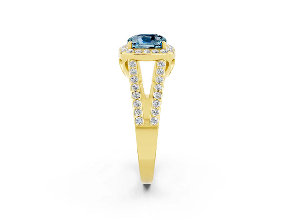 Yellow gold Cushion Cut Aquamarine Halo Ring with Split Shank U-Prong Band and Four-Prong Setting