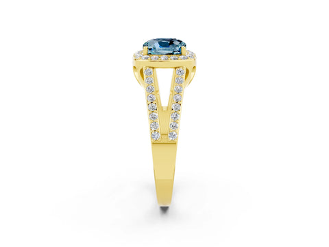 Yellow gold Cushion Cut Aquamarine Halo Ring with Split Shank U-Prong Band and Four-Prong Setting_2