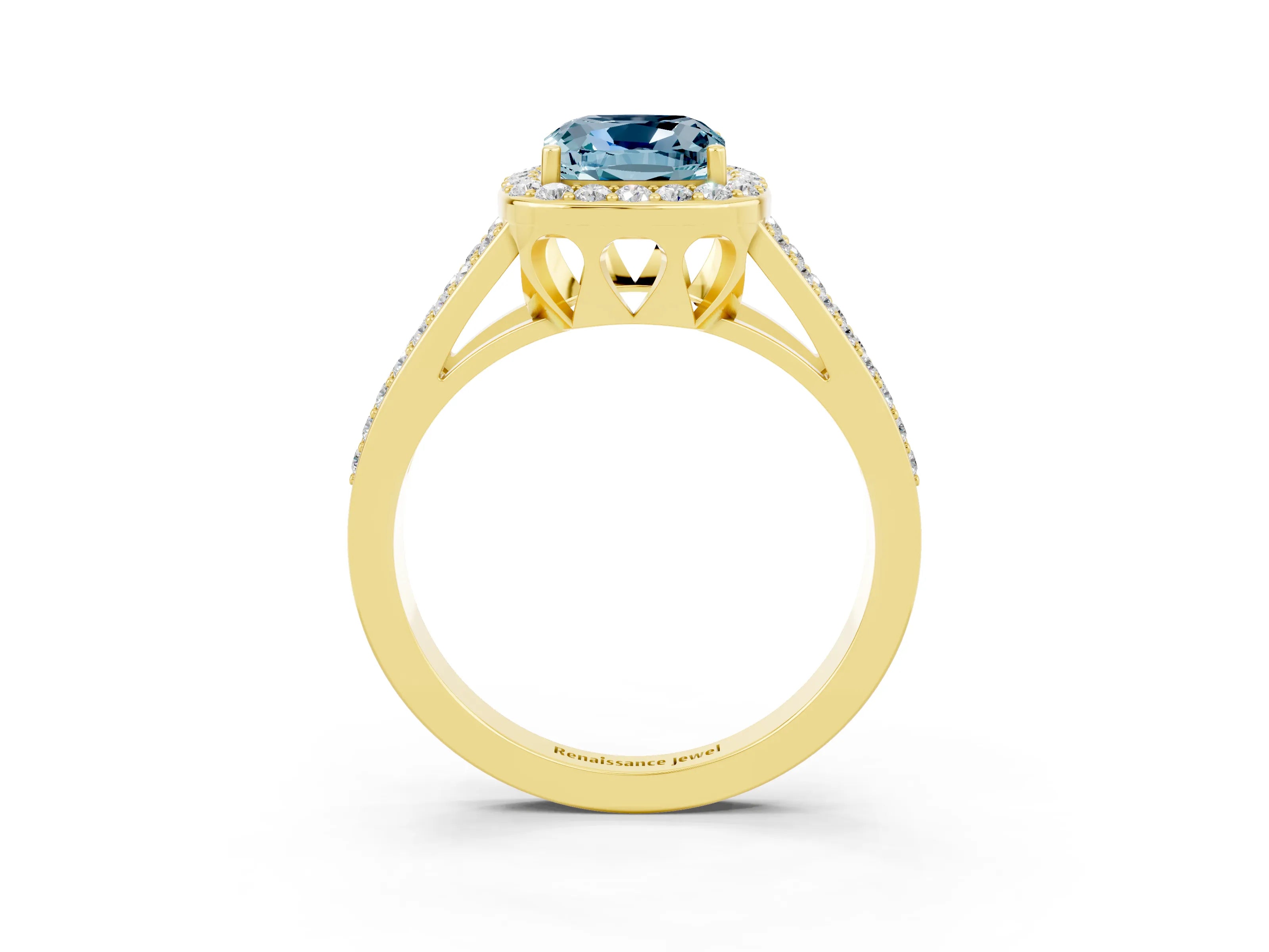 Yellow gold Cushion Cut Aquamarine Halo Ring with Split Shank U-Prong Band and Four-Prong Setting_3