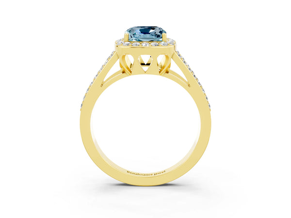Yellow gold Cushion Cut Aquamarine Halo Ring with Split Shank U-Prong Band and Four-Prong Setting