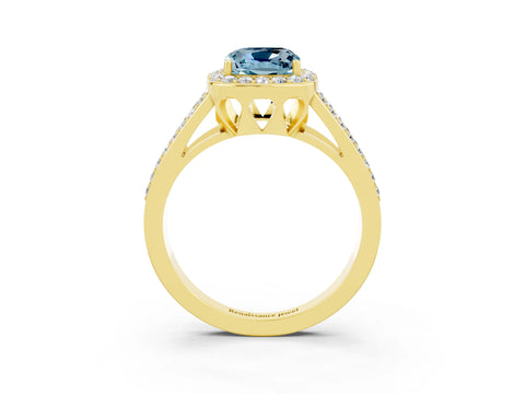 Yellow gold Cushion Cut Aquamarine Halo Ring with Split Shank U-Prong Band and Four-Prong Setting_3