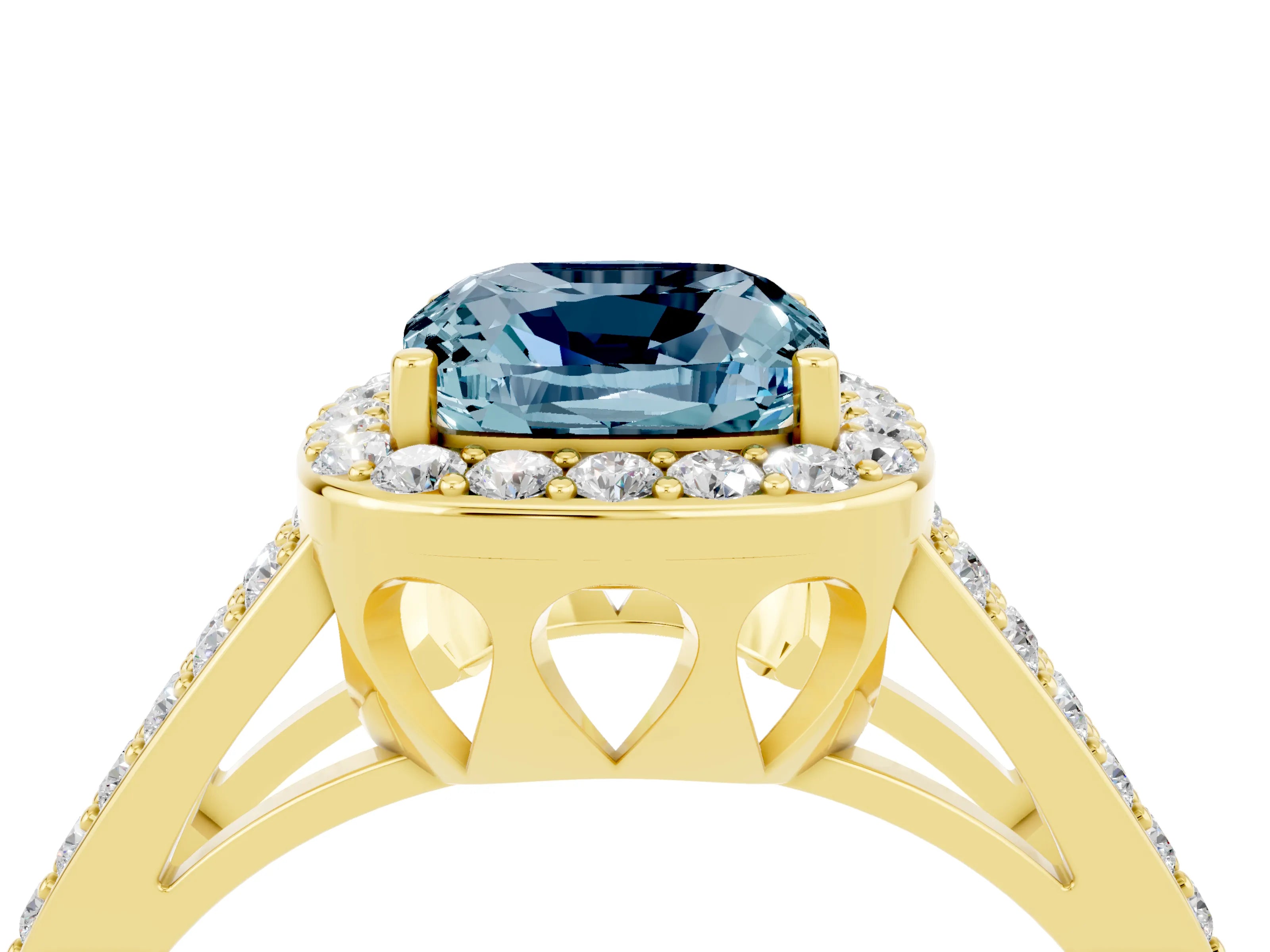 Yellow gold Cushion Cut Aquamarine Halo Ring with Split Shank U-Prong Band and Four-Prong Setting_4