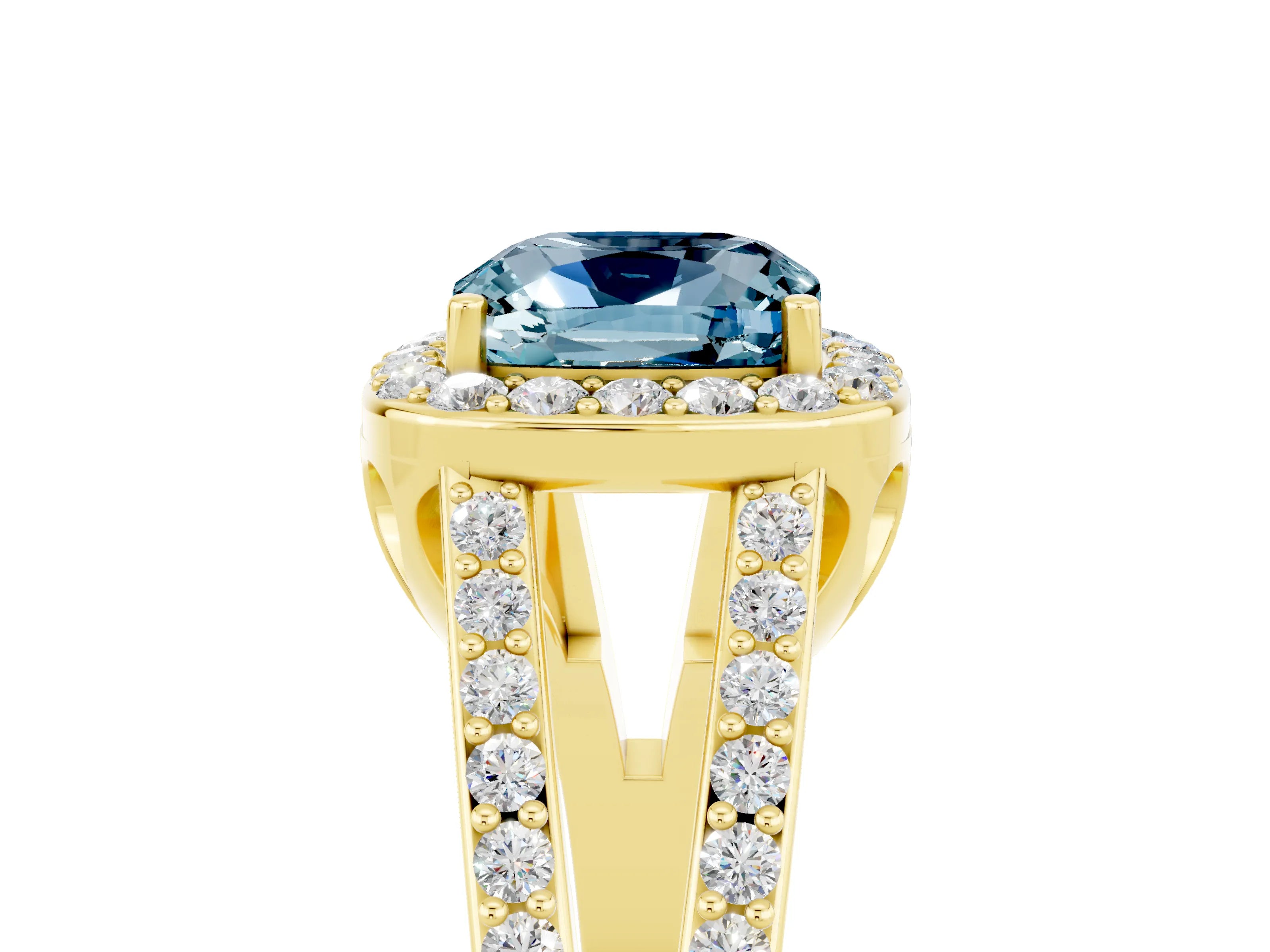 Yellow gold Cushion Cut Aquamarine Halo Ring with Split Shank U-Prong Band and Four-Prong Setting_5