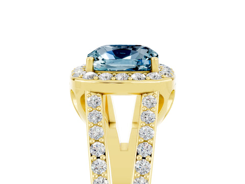 Yellow gold Cushion Cut Aquamarine Halo Ring with Split Shank U-Prong Band and Four-Prong Setting_5