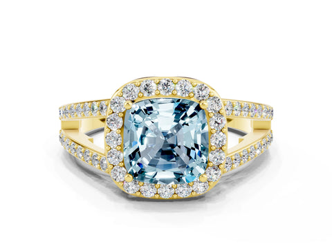 Yellow gold Cushion Cut Aquamarine Halo Ring with Split Shank U-Prong Band and Four-Prong Setting