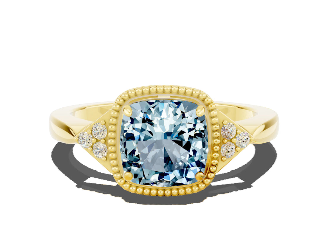 Yellow gold Cushion Cut Aquamarine Halo Ring with Tapered Band and Four-Prong Setting