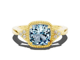 Yellow gold Cushion Cut Aquamarine Halo Ring with Tapered Band and Four-Prong Setting