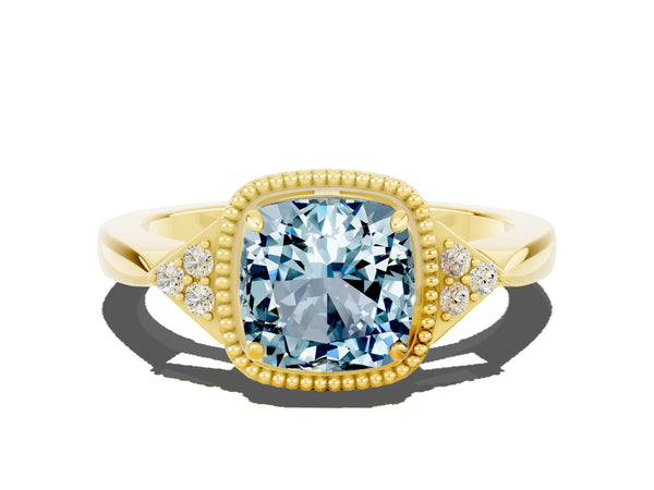 Yellow gold Cushion Cut Aquamarine Halo Ring with Tapered Band and Four-Prong Setting