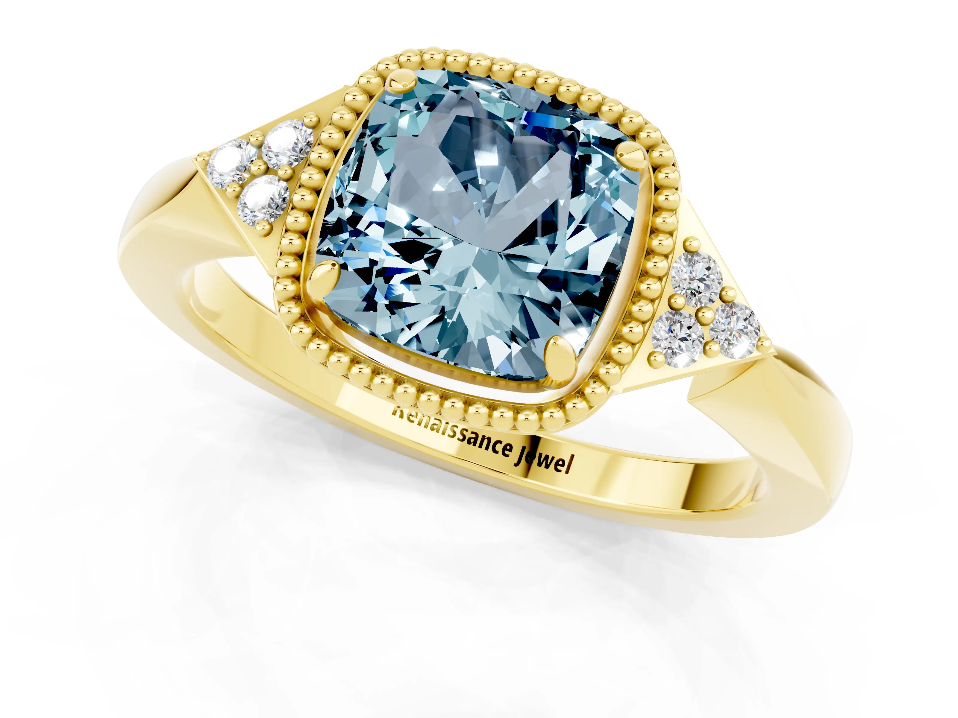 Yellow gold Cushion Cut Aquamarine Halo Ring with Tapered Band and Four-Prong Setting_1