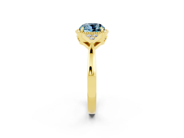 Yellow gold Cushion Cut Aquamarine Halo Ring with Tapered Band and Four-Prong Setting