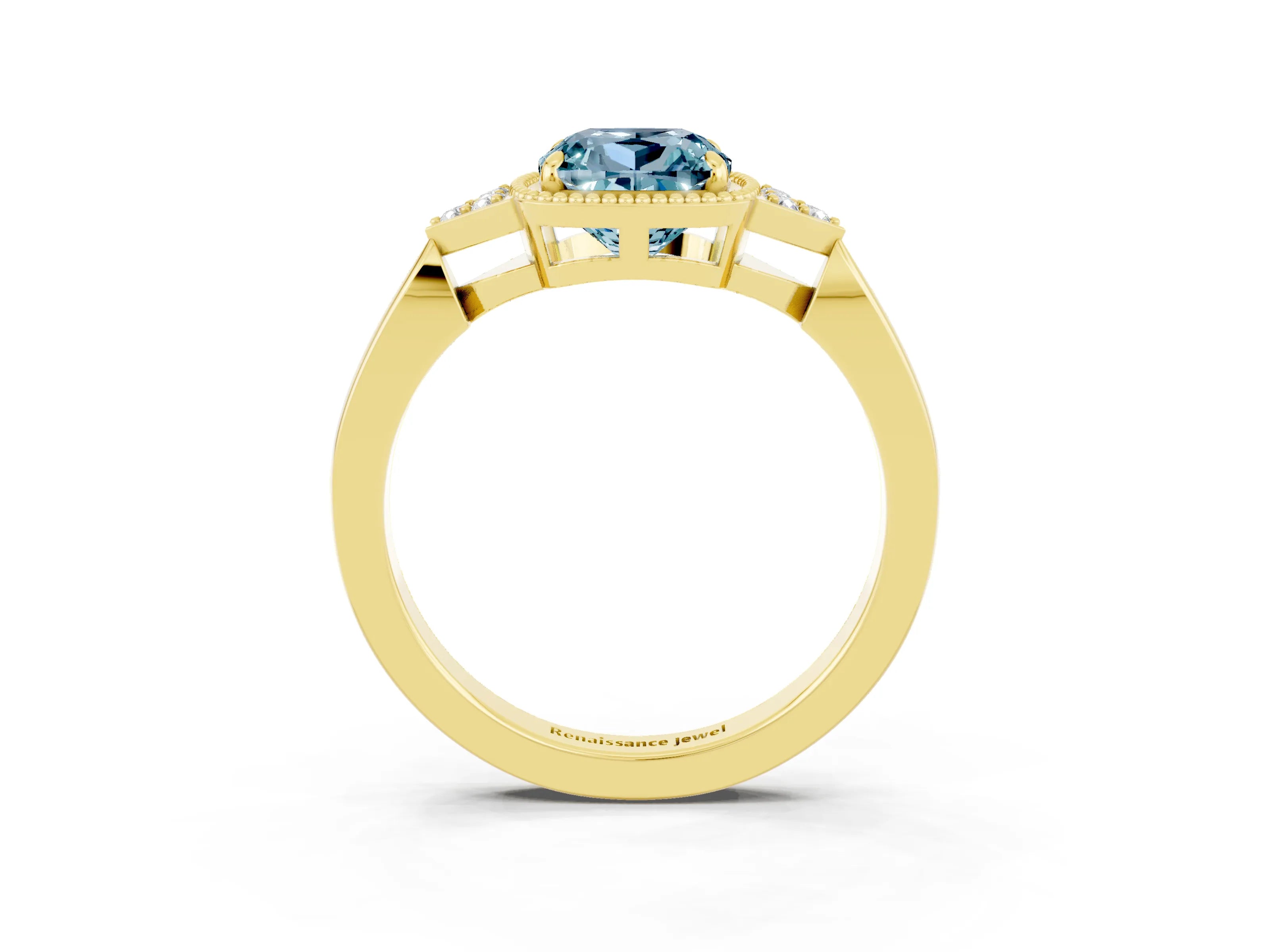 Yellow gold Cushion Cut Aquamarine Halo Ring with Tapered Band and Four-Prong Setting_3