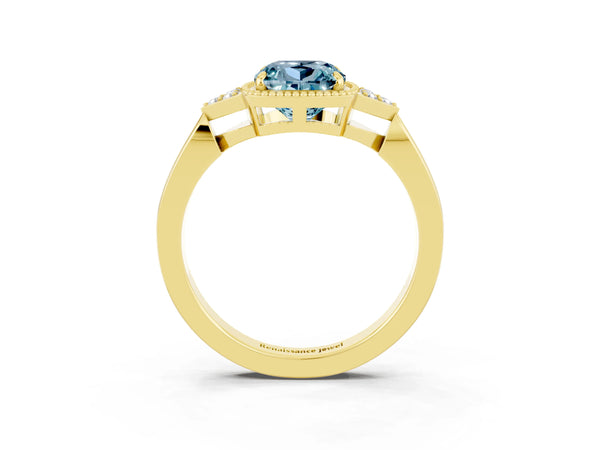 Yellow gold Cushion Cut Aquamarine Halo Ring with Tapered Band and Four-Prong Setting