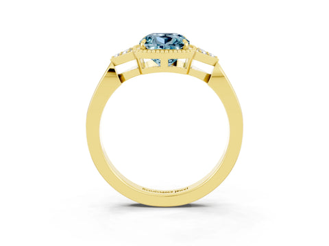Yellow gold Cushion Cut Aquamarine Halo Ring with Tapered Band and Four-Prong Setting_3