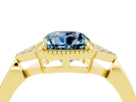 Yellow gold Cushion Cut Aquamarine Halo Ring with Tapered Band and Four-Prong Setting_4