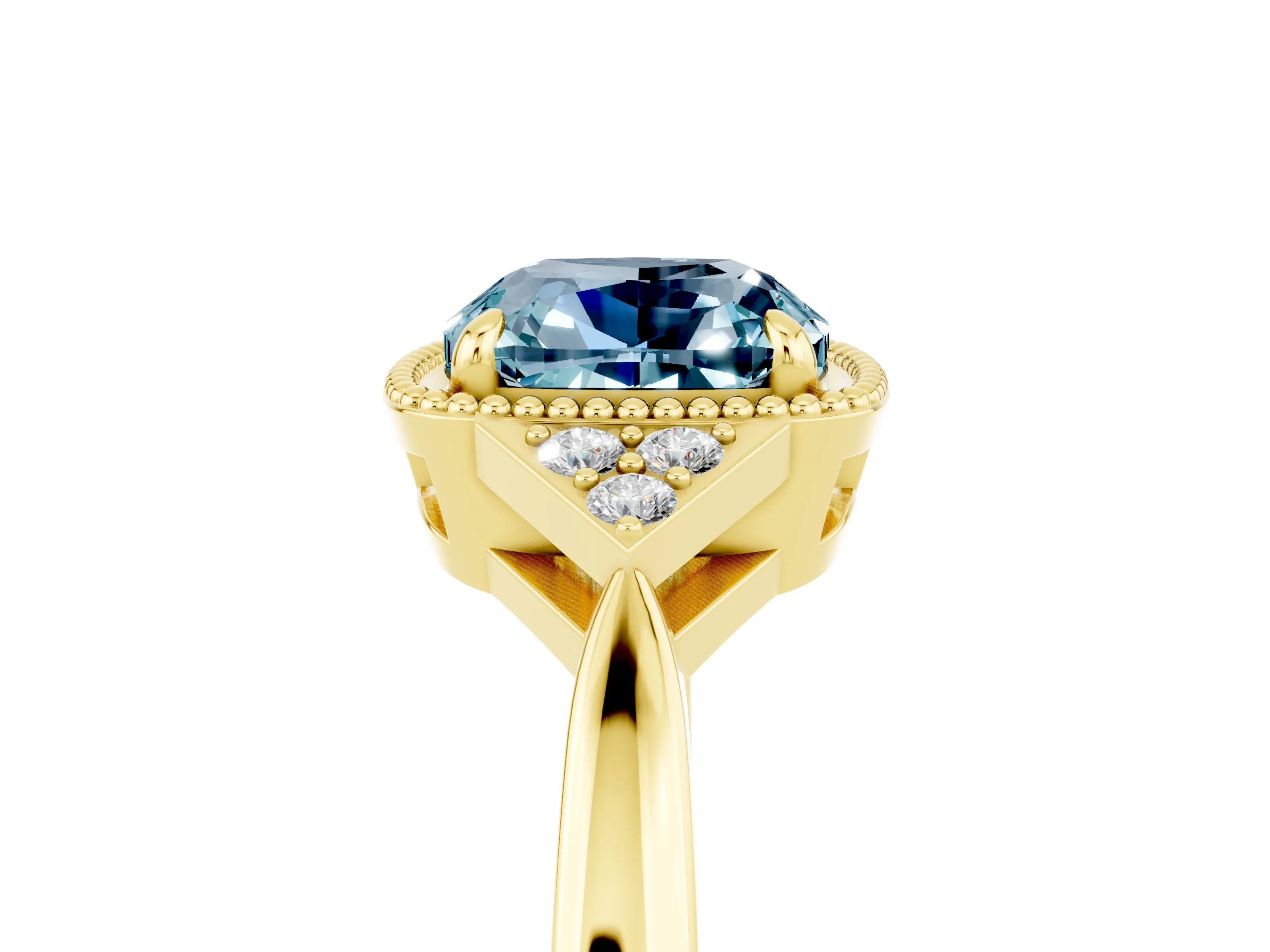 Yellow gold Cushion Cut Aquamarine Halo Ring with Tapered Band and Four-Prong Setting_5