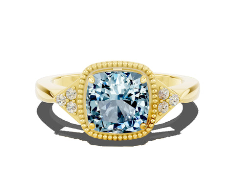 Yellow gold Cushion Cut Aquamarine Halo Ring with Tapered Band and Four-Prong Setting