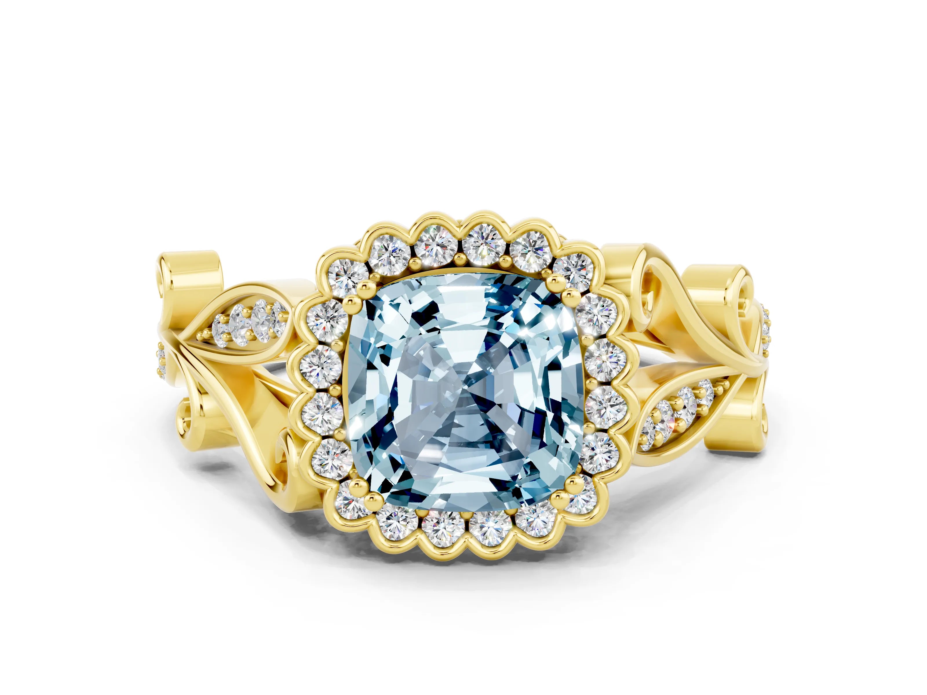 Yellow gold Cushion Cut Aquamarine Halo Ring with Vintage Split Shank and Four-Prong Setting