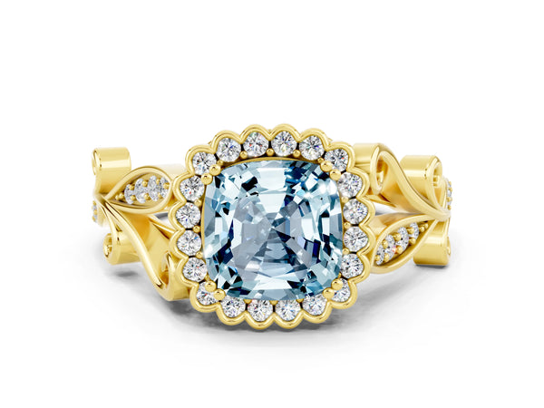 Yellow gold Cushion Cut Aquamarine Halo Ring with Vintage Split Shank and Four-Prong Setting