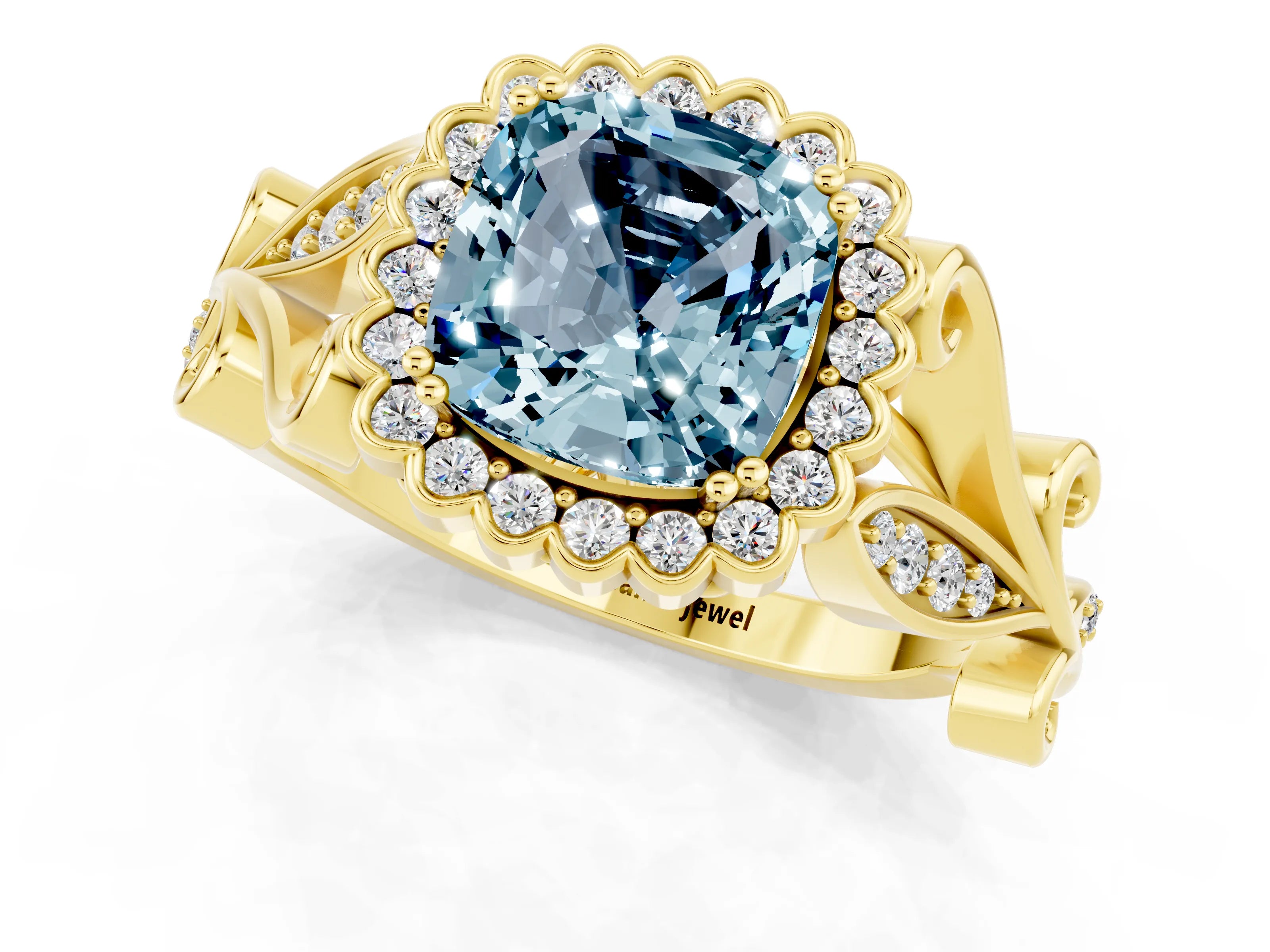Yellow gold Cushion Cut Aquamarine Halo Ring with Vintage Split Shank and Four-Prong Setting_1