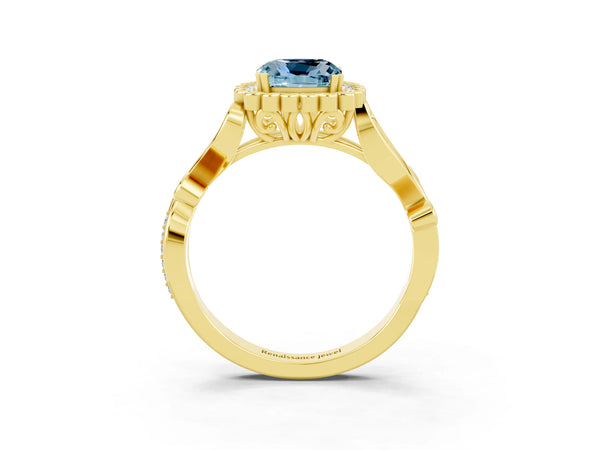 Yellow gold Cushion Cut Aquamarine Halo Ring with Vintage Split Shank and Four-Prong Setting