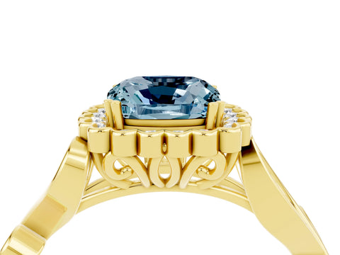 Yellow gold Cushion Cut Aquamarine Halo Ring with Vintage Split Shank and Four-Prong Setting_4