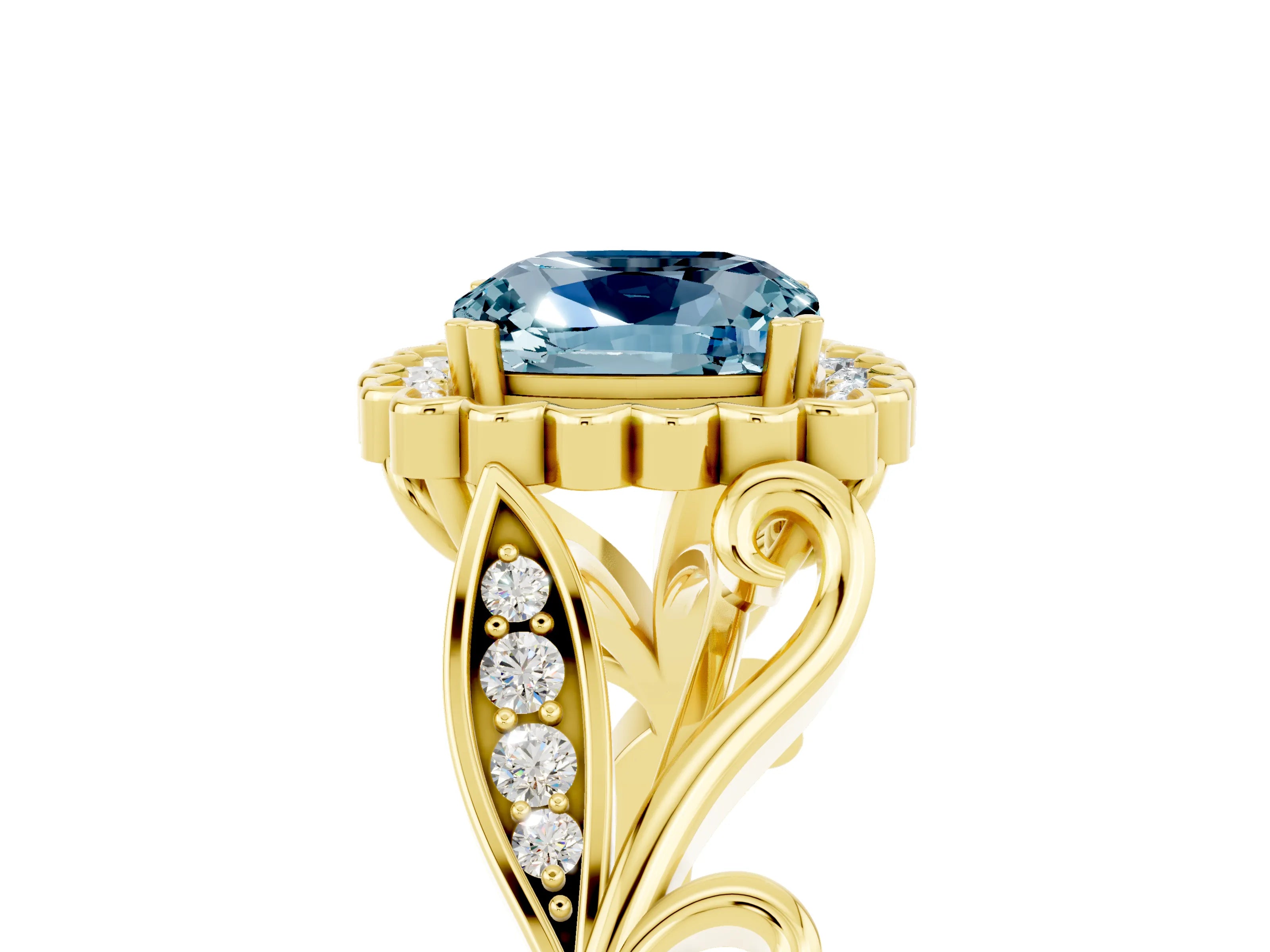 Yellow gold Cushion Cut Aquamarine Halo Ring with Vintage Split Shank and Four-Prong Setting_5