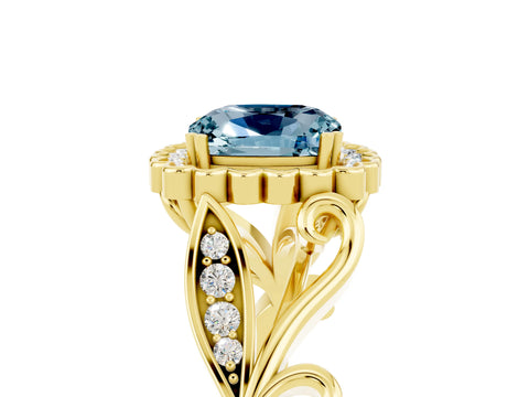 Yellow gold Cushion Cut Aquamarine Halo Ring with Vintage Split Shank and Four-Prong Setting_5