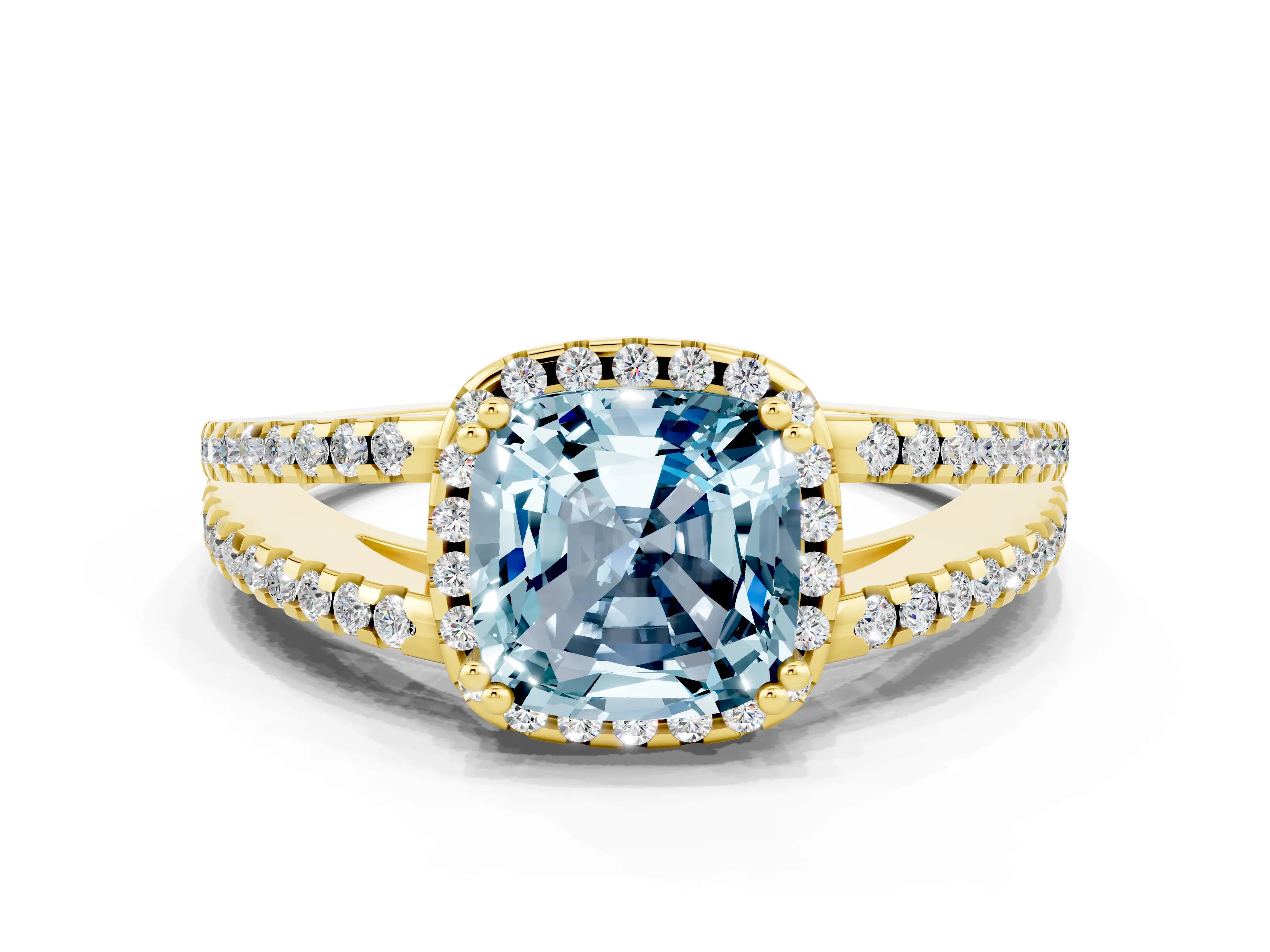 Yellow gold Cushion Cut Aquamarine Halo Split Shank Engagement Ring_12