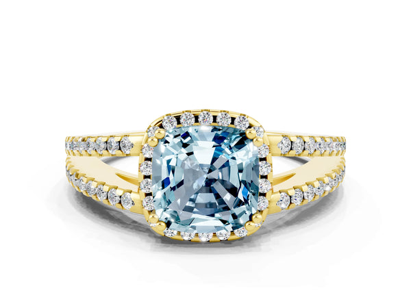 Yellow gold Cushion Cut Aquamarine Halo Split Shank Engagement Ring