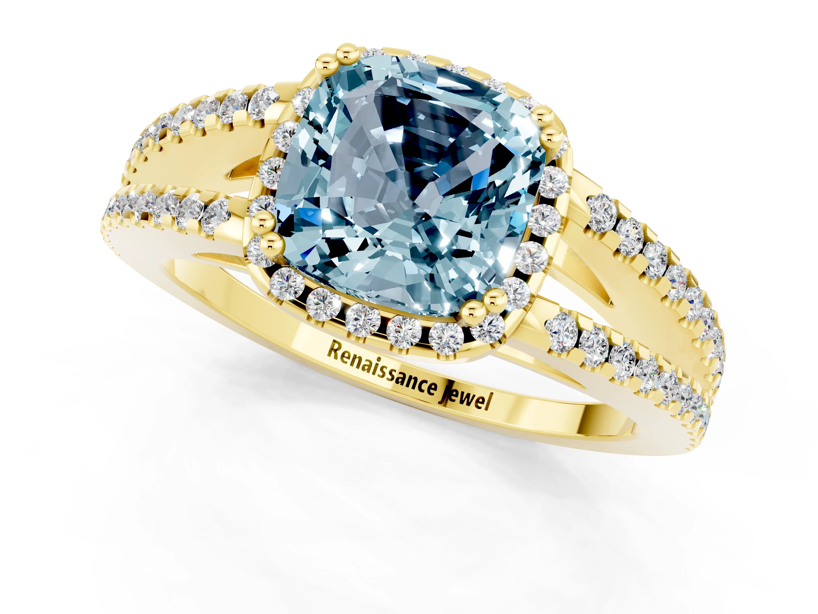 Yellow gold Cushion Cut Aquamarine Halo Split Shank Engagement Ring_13