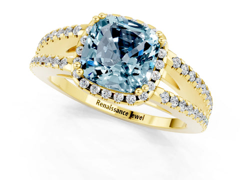 Yellow gold Cushion Cut Aquamarine Halo Split Shank Engagement Ring_13