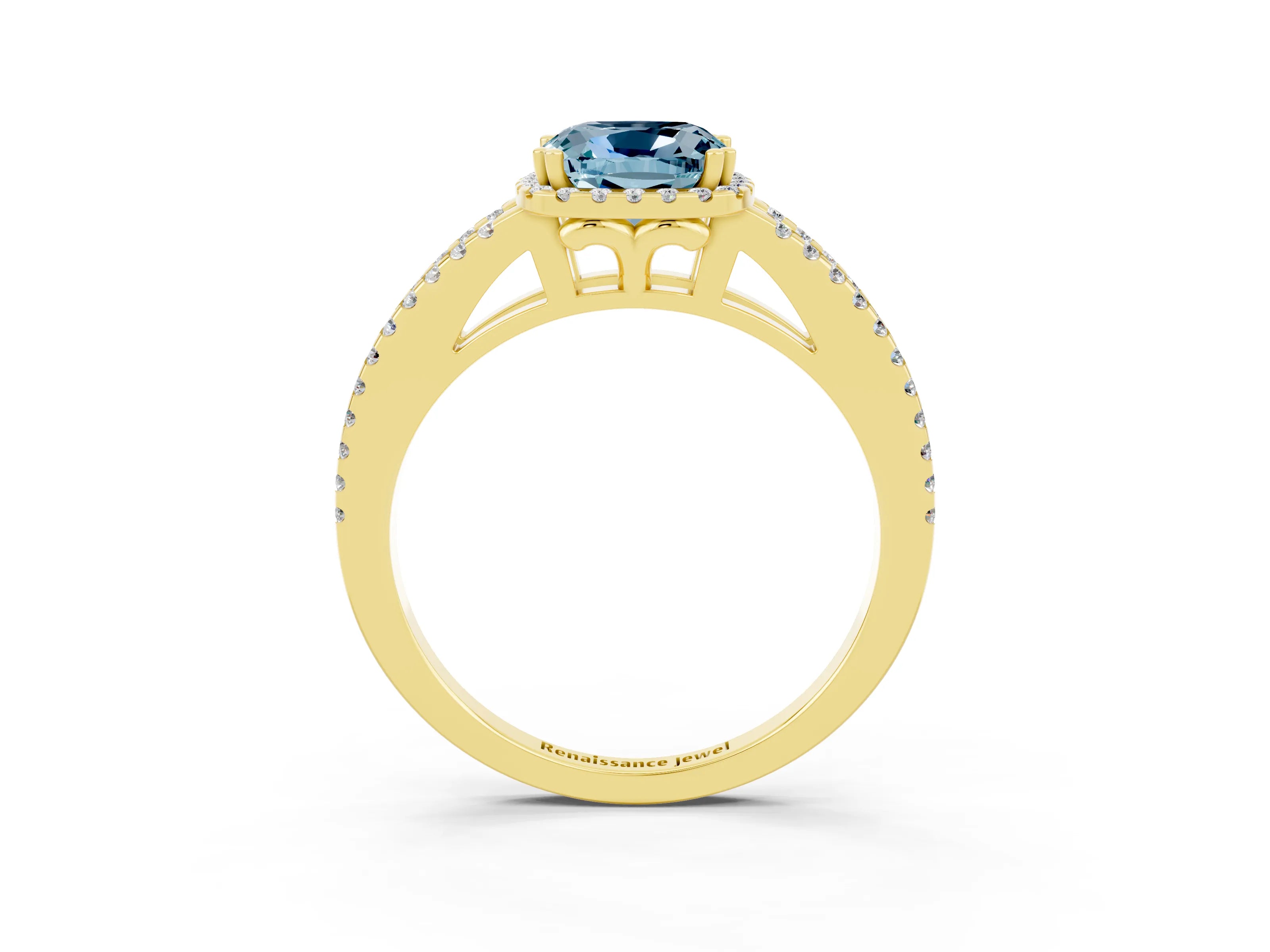 Yellow gold Cushion Cut Aquamarine Halo Split Shank Engagement Ring_15