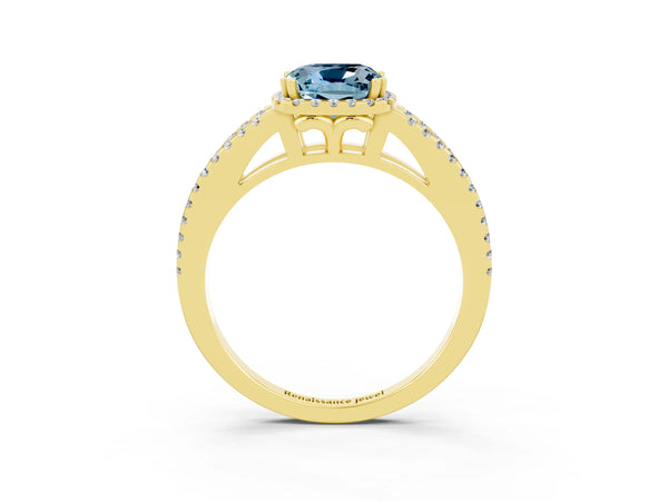 Yellow gold Cushion Cut Aquamarine Halo Split Shank Engagement Ring