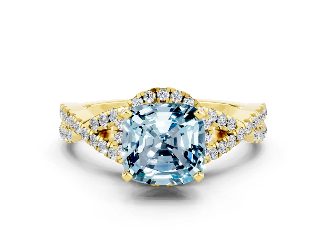Yellow gold Cushion Cut Aquamarine Halo Twist Band Solitaire Prong Setting Ring