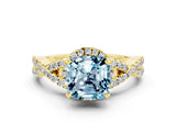 Yellow gold Cushion Cut Aquamarine Halo Twist Band Solitaire Prong Setting Ring